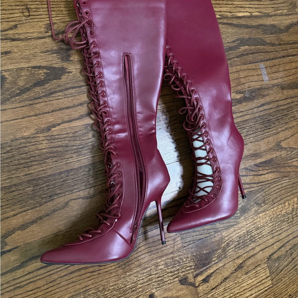 Fashion Nova Burgundy Lace-Up Heeled Boots - Picture 3 of 3